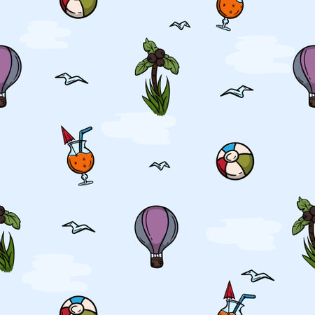 Bright seamless pattern for wrapping paper with beach attributes, balloon, palm tree, ball and cocktail. Simple vector background with repeating elements. Illustration related to vacation, travel, seaのイラスト素材