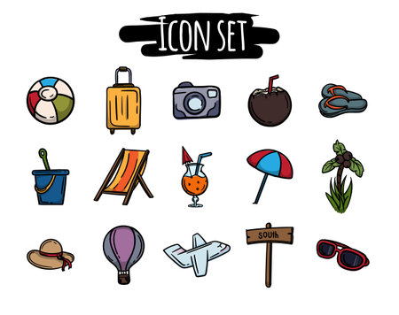 A bright set of hand-drawn icons related to travel, tours, recreation, sea and vacation. Simple vector signs and symbols for website design, application, bannersのイラスト素材