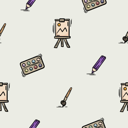 Bright seamless pattern for wrapping paper with brush, paint, easel and pencil icons. Simple vector background with repeating elements. Illustration related to creativity, drawing, school and learningのイラスト素材