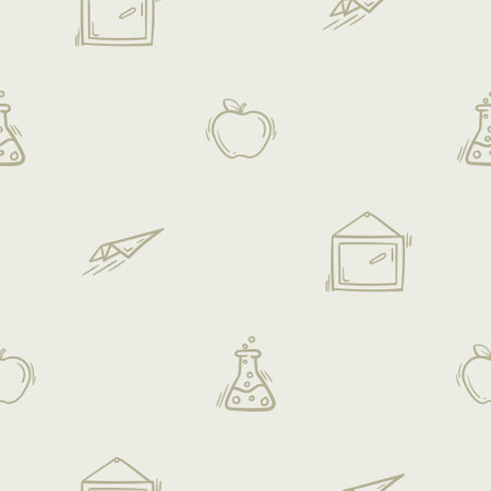 Light seamless pattern with attributes of school, autumn, learning, childhood. Simple vector illustration with repeating school icons of apple, paper airplane, chalkboard and chemistry flaskのイラスト素材