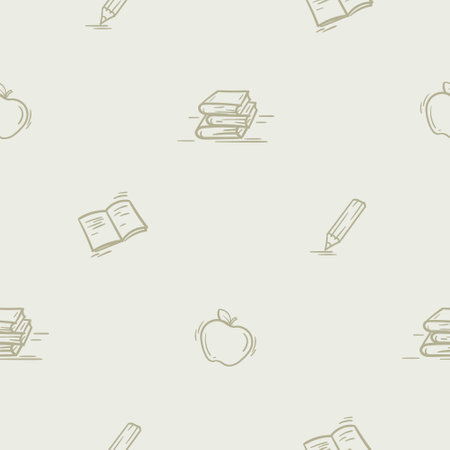 Light seamless pattern with attributes of school, autumn, learning, first bell. Simple vector illustration with repeating school icons of textbooks, notebook, apple, pencilのイラスト素材