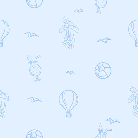 Light seamless pattern with beach attributes associated with vacation, travel and seaside recreation. Simple vector illustration with repeating elements balloon, palm tree, ball and cocktailのイラスト素材