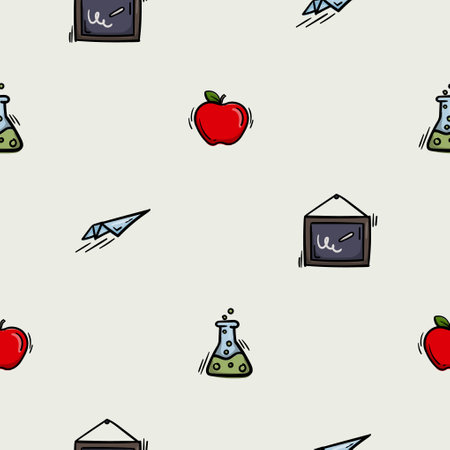 Bright seamless pattern for wrapping paper with icons of apple, paper airplane, chalkboard and chemical flask. Simple vector background. Illustration related to autumn, school, learning, childhoodのイラスト素材