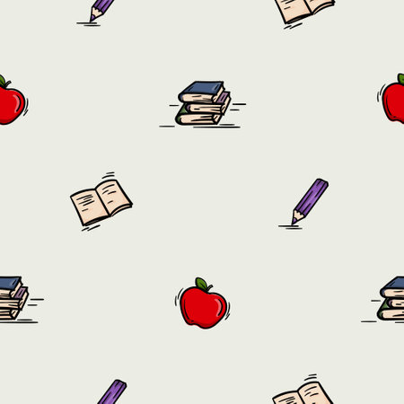 Bright seamless pattern for wrapping paper with school icons of textbooks, notebook, apple, pencil. Simple vector background with repeating elements. Illustration related to autumn, school, learningのイラスト素材