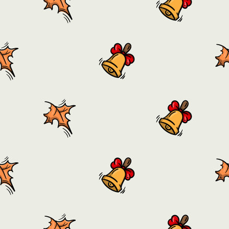 Bright seamless pattern for wrapping paper with autumn leaf and bell icons. Simple vector background with repeating elements. Illustration related to autumn, school, learningのイラスト素材