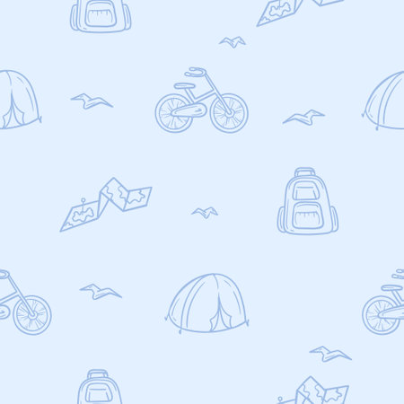 Light seamless pattern with tourist attributes associated with camping, hiking, vacation, travel. Simple vector illustration with repeating elements bike, backpack, tent and mapのイラスト素材