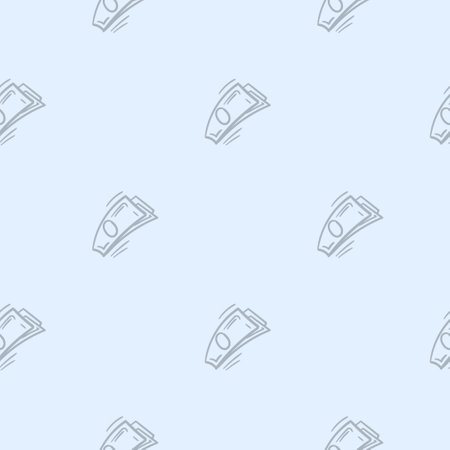 Light seamless pattern with attributes of money, wealth, business and finance. Simple vector illustration with repeating icons of paper bills, dollars, rubles, banknotesのイラスト素材