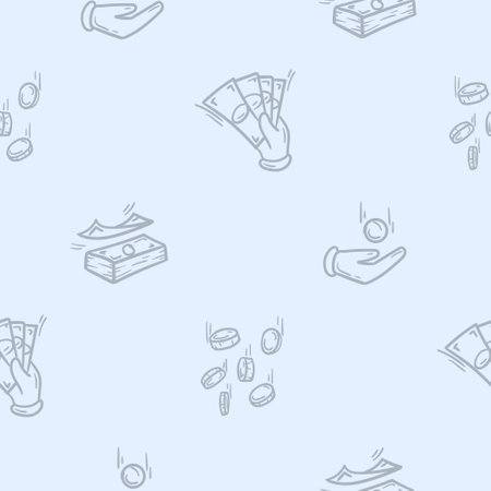Light seamless pattern with attributes of money, wealth, business and finance. Simple vector illustration with repeating icons of hand with bills, palm catching coin, flying moneyのイラスト素材
