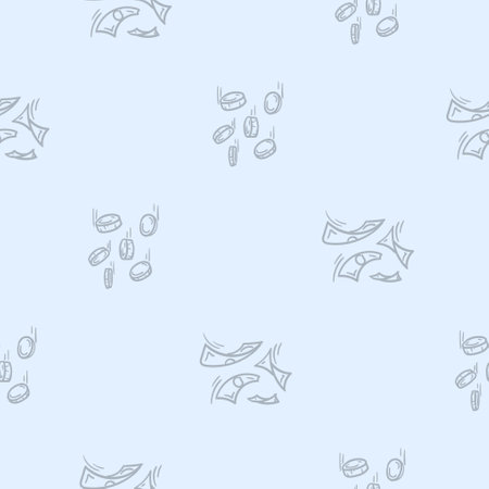 Light seamless pattern with attributes of money, wealth, business and finance. Simple vector illustration with repeating icons of flying money, bills and coinsのイラスト素材