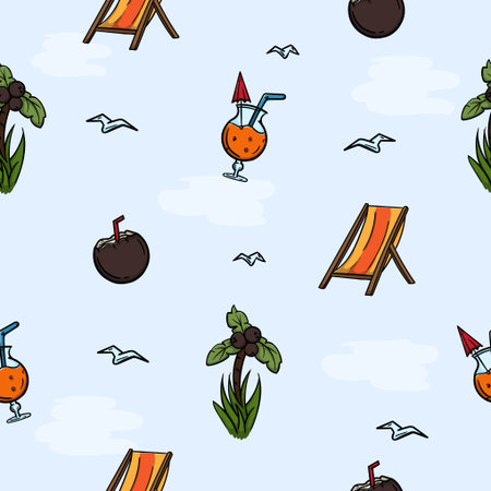 Bright seamless pattern for wrapping paper with beach attributes, chair, cocktail, coconut, palm tree. Vector background with repeating elements. Illustration related to vacation, travel, sea, toursのイラスト素材