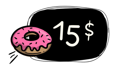 A simple black hand drawn label with a donut. Vector template for price tag, label, sticker. Menu design for cafes, restaurantsのイラスト素材