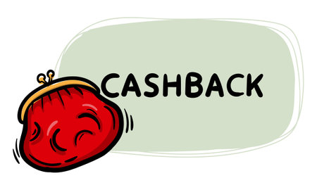Simple hand drawn sticker with wallet and cashback text. Vector illustration for emblem, label, price tag, background. Registration of promotions, offers, advertisingのイラスト素材