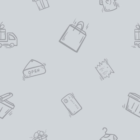 Simple monochrome seamless pattern with shopping bag, credit card, receipt and open sign. Vector background associated with shopping, promotions, sales for gift paper, print, design.のイラスト素材