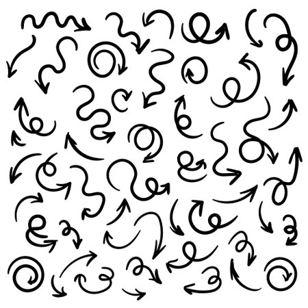 Simple vector hand drawn arrow set. Round, zigzag, curve, spiral shapes. Signs and symbols for website, app, banner designのイラスト素材