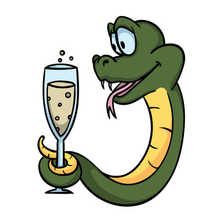 Bright vector illustration with a snake and a glass of champagne. Symbol of the new year 2025. Chinese calendar. Image for sticker, postcard, congratulationsのイラスト素材