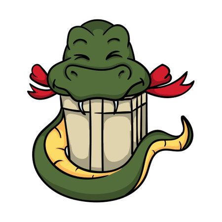 Bright vector illustration with a snake and a box with a Christmas gift. Symbol of the new year 2025. Chinese calendar. Image for sticker, postcard, congratulationsのイラスト素材
