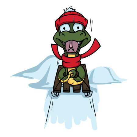 Bright vector illustration with a snake sledding along a snowy mountain. Symbol of the new year 2025. Chinese calendar. Image for sticker, postcard, congratulationsのイラスト素材