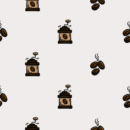 Simple seamless pattern with coffee beans and coffee grinder. Set of icons for the design of a cafe,...