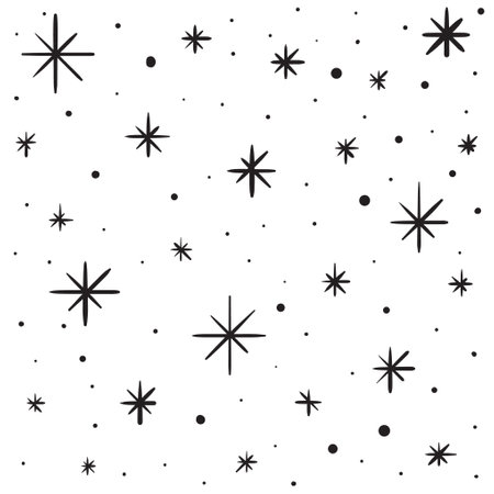 Simple black and white hand drawn snowfall background. Large and small snowflake icons. Vector illustration for winter designsのイラスト素材