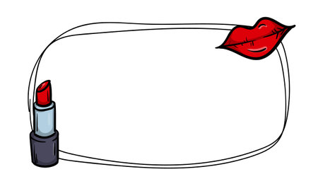 Bright vector template with lips and red lipstick. Frame with icons signs and symbols. Background for text, price tag, bannerのイラスト素材