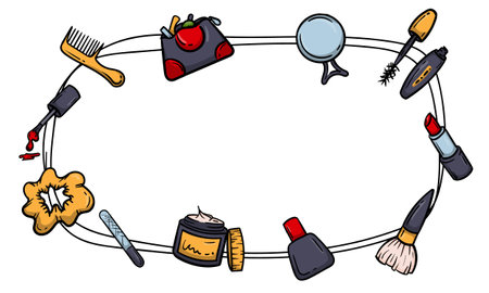 Bright vector template with womens accessories, beauty items, body care and cosmetics. Frame with icons signs and symbolsのイラスト素材