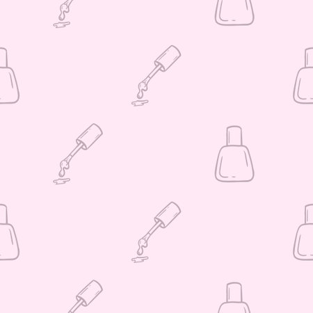 Simple pink monochrome seamless pattern with nail polish. Vector background for a beauty salon, advertising the services of a hairdresser, cosmetologist. Set of symbols and icons for sign designのイラスト素材