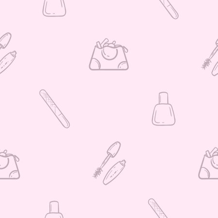 Simple pink monochrome seamless pattern with nail file, cosmetic bag, nail polish and mascara. Vector background for beauty salon, advertising the services of hairdresser, cosmetologist. Set of iconsのイラスト素材