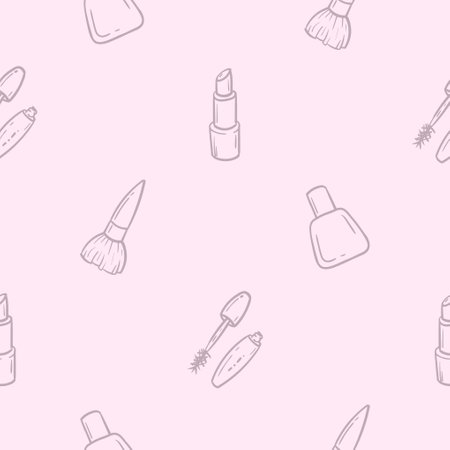 Simple pink monochrome pattern with cosmetic brush, lipstick, nail polish, mascara. Vector background for a beauty salon, advertising the services of hairdresser, cosmetologist. Set of symbols, iconsのイラスト素材