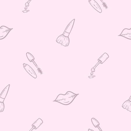 Simple pink monochrome seamless pattern with lips, nail polish, mascara and cosmetic brush. Vector background for a beauty salon, advertising the services of a hairdresser, cosmetologist. Set of iconsのイラスト素材