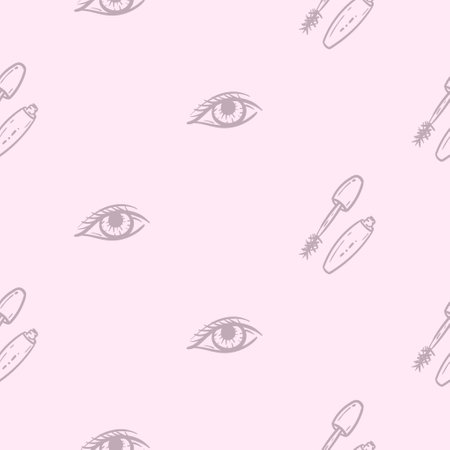 Simple pink monochrome seamless pattern with makeup, eyes and mascara. Vector background for a beauty salon, advertising the services of a hairdresser, cosmetologist. Set of symbols and iconsのイラスト素材