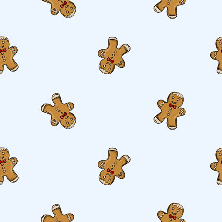 Bright seamless pattern with gingerbread man. Endless New Year and Christmas background. Design for decoration, wrapping paper, printのイラスト素材