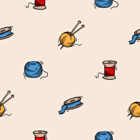 Seamless pattern with tape and thread for sewing and knitting. Vector background associated with handmade, needlework. Design for decorations, wrapping paper, printのイラスト素材