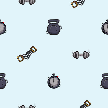 Bright seamless pattern with dumbbells, kettlebell, expander and stopwatch. Vector background for sport, fitness, gym and healthy lifestyle. Hand drawn design for decoration, wrapping paper, printのイラスト素材