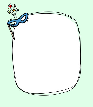 Bright vector greeting card template with carnival mask and fireworks. Frame for photo, text. Design of notepad page layout, price tag. Editable backgroundのイラスト素材