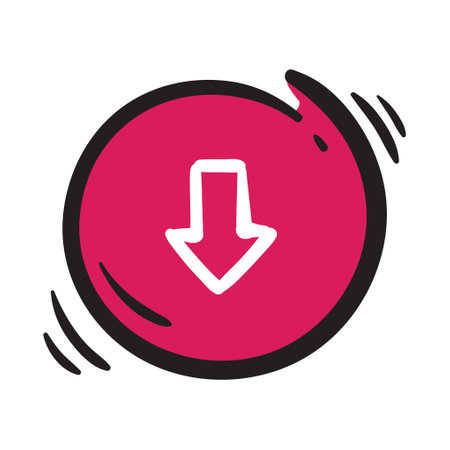 Round pink button with white arrow. Simple vector element on white background. Download, direction icon for website design, bannerのイラスト素材