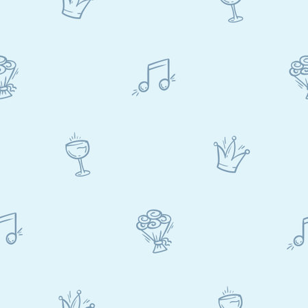 Simple black and white seamless pattern with holiday attributes, party, music, crown, flowers. Editable repeating backgroundのイラスト素材