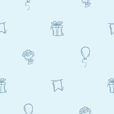 Simple black and white seamless pattern with holiday attributes, birthday, balloon, gift, flag. Editable repeating backgroundのイラスト素材