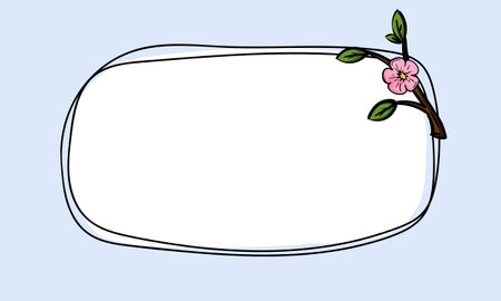 Simple vector design of postcard template with blossoming tree branch, flower. Editable frame with spring design. Hand drawn background for text, photo, price tag, stickerのイラスト素材