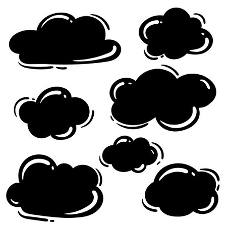 Black clouds, text boxes. Simple black and white set of vector elements, abstract shapes. Editable templates for designのイラスト素材