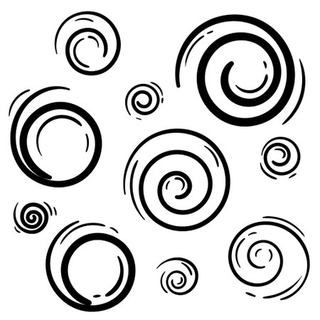Black circles, spirals, springs, rounded lines. Simple black and white set of vector elements, abstract shapes. Editable templates for designのイラスト素材