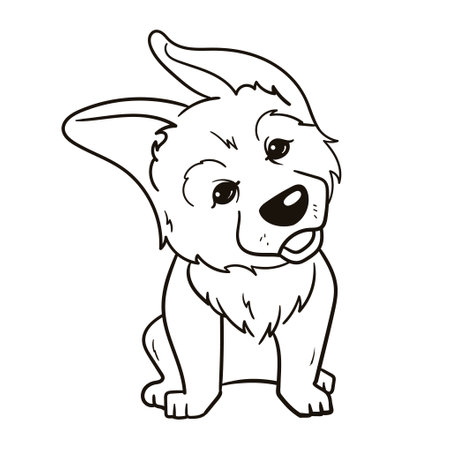 A simple coloring page for children with a German Shepherd puppy. Vector linear black and white drawing of a dog for childrens book, sticker, stickerのイラスト素材