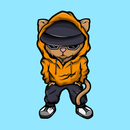 Cute cartoon cat in a hood. Street style character vector illustration. Hip-hop, gangster, mafia cat. Drawing for print, poster, book, banner, stickerのイラスト素材