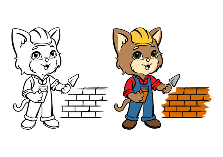 The cat builder is building a house. Coloring book with an example for kids. Bright vector illustration for studying professions, for a childrens book, print, educational materialsのイラスト素材
