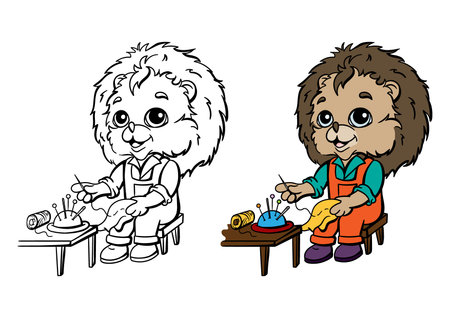 Hedgehog tailor sews clothes. Coloring book with an example for kids. Bright vector illustration for studying professions, for a childrens book, print, educational materialsのイラスト素材
