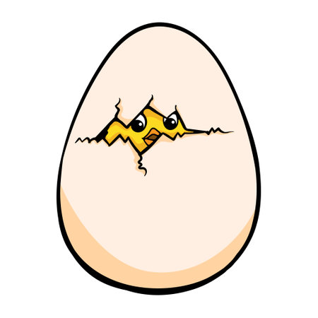 A chicken hatches from an egg. Bright vector illustration of a cracked egg and chick. Image for sticker, Easter postcard, congratulation, childrens bookのイラスト素材