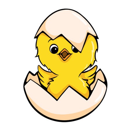 Chicken in an eggshell. The chick hatched from the egg. Bright vector illustration for sticker, poster, Easter card, congratulationsのイラスト素材
