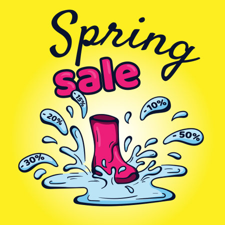 Spring sale. Bright yellow pop art advertising banner. Template for announcing discounts, promotions, offersのイラスト素材