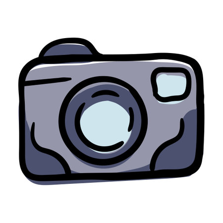 Camera. Travel accessories. Bright hand drawn vector illustration for print, sticker, icon. Image isolated on white backgroundのイラスト素材