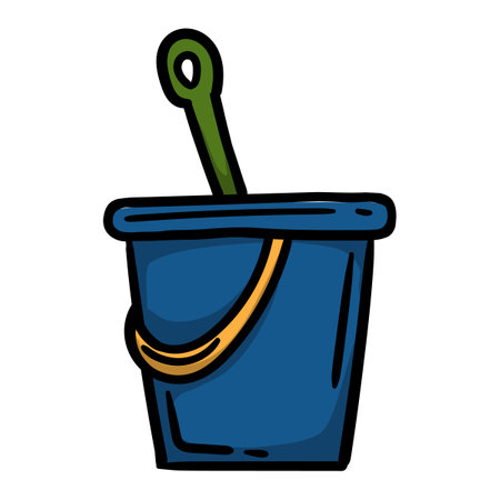 Childrens sand set. Bucket with shovel. Bright hand drawn vector illustration for print, sticker, icon. Image isolated on white backgroundのイラスト素材