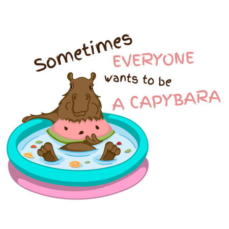 Sometimes everyone wants to be a capybara. Capybara in a pool with a slice of watermelon. Bright vector illustration for print, sticker, designのイラスト素材